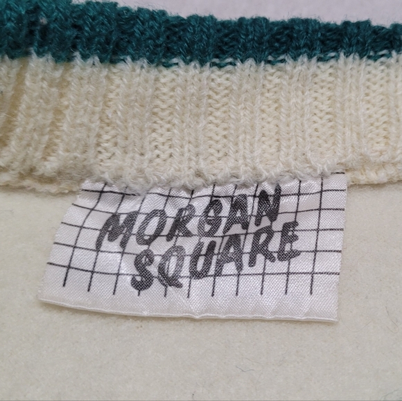70s Vintage Morgan Square Cream Fleece Lined Argyle Knit Cropped Sweatshirt L - Picture 11 of 12